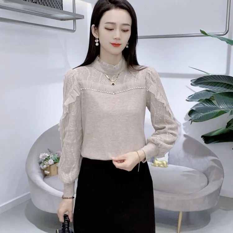 2024秋冬新款拼接蕾丝长袖打底衫洋气上衣宽松显瘦减龄加厚保暖女