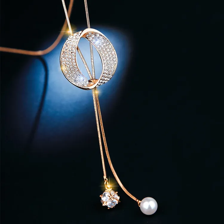 铜合金项链 高级感锆石长款毛衣链椭圆吊坠 长度可调节 长款项链