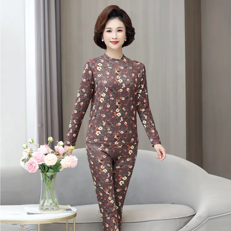 中年妈妈装秋冬宽松大码德绒保暖套装中老年女士加厚印花两件套
