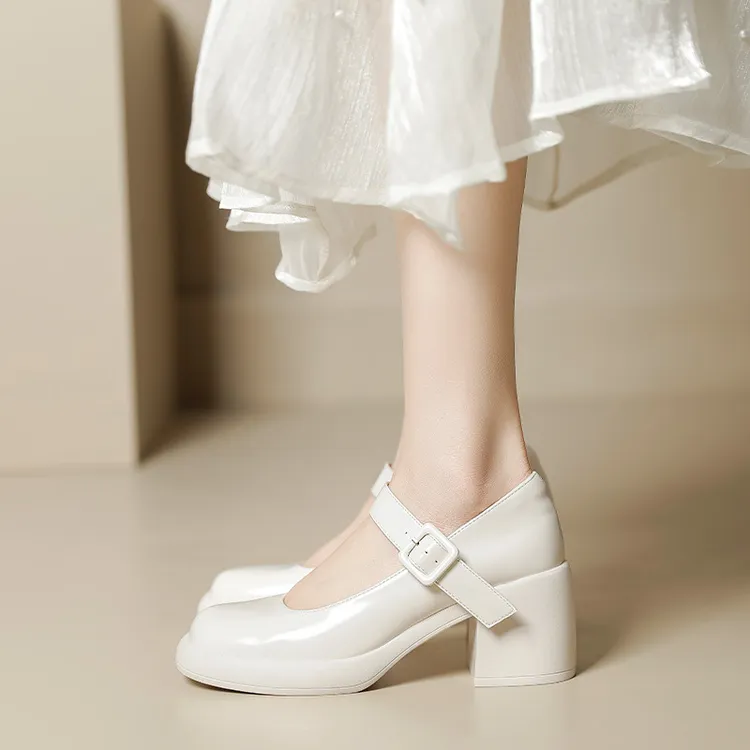 2025春真皮玛丽珍鞋粗跟厚底女法式复古浅口仙女白色百搭温柔圆头
