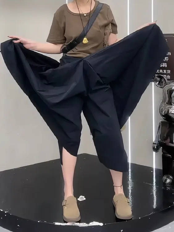 大码2025夏季薄款高腰开叉休闲裙裤女胖mm胯大腿粗显瘦八分阔腿裤