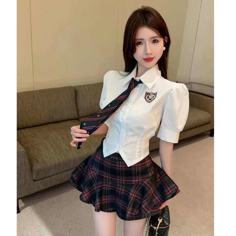夏季学院风套装女jk制服甜辣设计感别致短款上衣高腰半身裙两件套