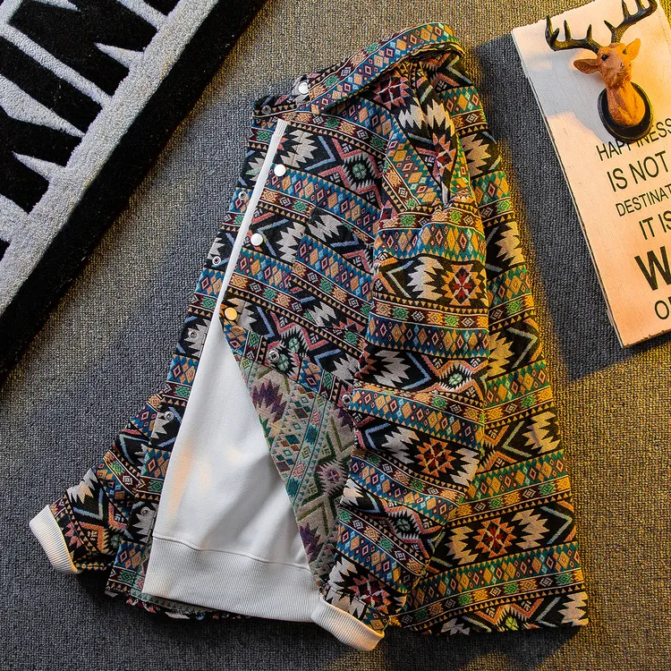 春秋小香风衬衫外套男士潮牌痞帅潮流宽松复古民族风提花长袖衬衣