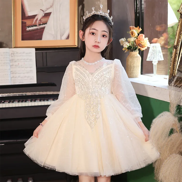 女童礼服轻奢小众钢琴演出服儿童生日公主裙长袖主持人花童婚礼裙