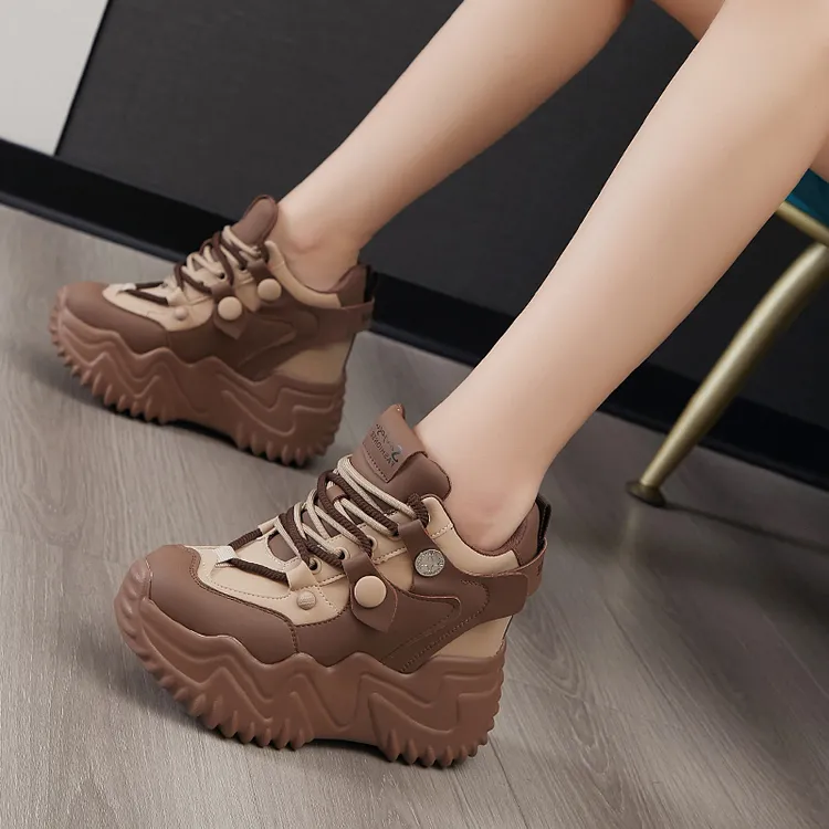 震地王内增高老爹鞋女2025秋冬新款厚底松糕跟12cm真皮休息运动鞋