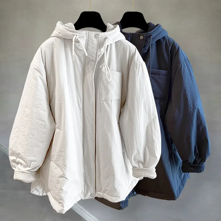 拉链连帽中长款棉衣服男女同款冬季加厚韩版潮流纯色高级感男装