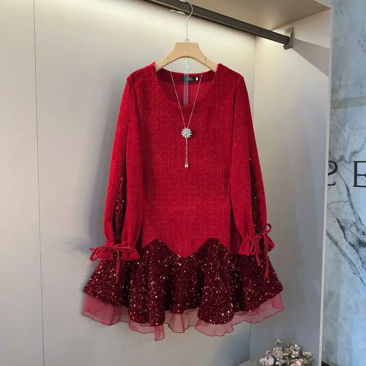 大码圆领拼接蕾丝裙摆个性设计淑女裙胖妹妹中长款显瘦连衣裙1316