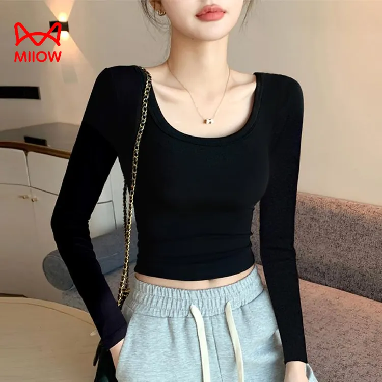 MiiOW/猫人黑色U领短款打底衫女内搭2025年春秋修身高腰露脐低领