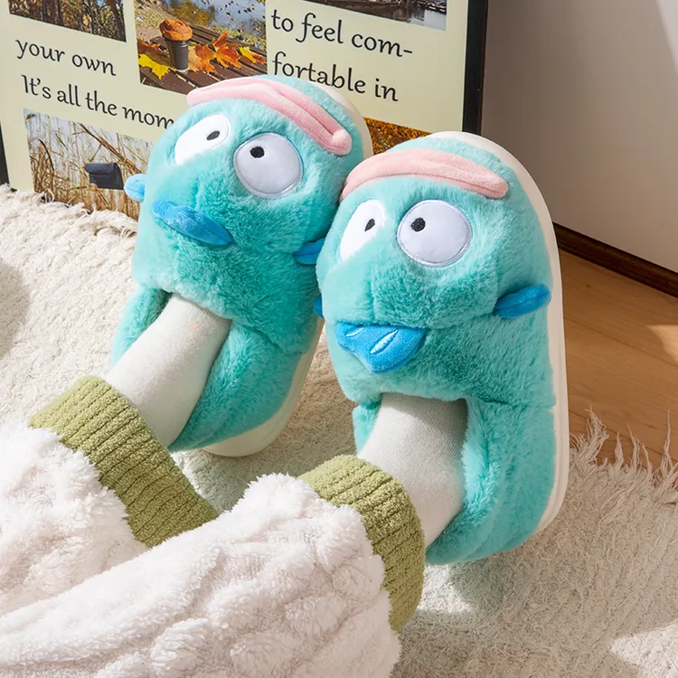 丑鱼棉拖鞋女冬季拖鞋情侣毛毛绒居家室内可爱包跟冬天棉拖鞋包跟