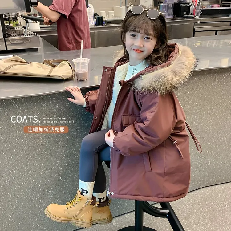 宝宝冬季加绒加厚派克服中大童中长款洋气韩版儿童连帽保暖棉服