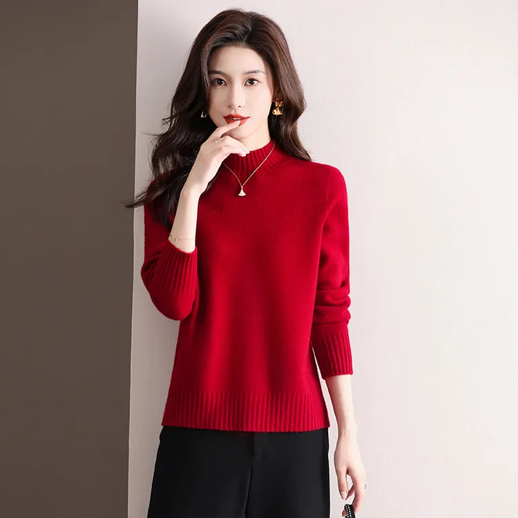 哥弟阿玛施正100%纯羊毛衫女半高领宽松短款上衣针织打底加厚毛衣