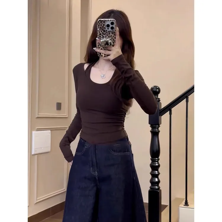 春秋假两件挂脖t恤女显瘦时尚长袖辣妹高弹高腰修身设计感ins上衣