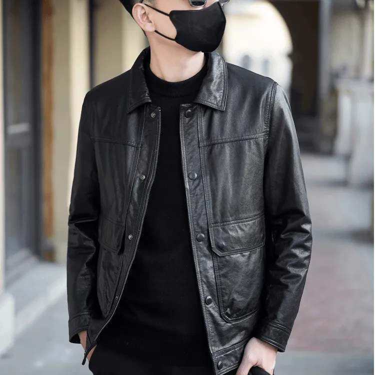 海宁新款高档男士头层小牛皮时尚休闲翻领短款中老年真皮夹克外套