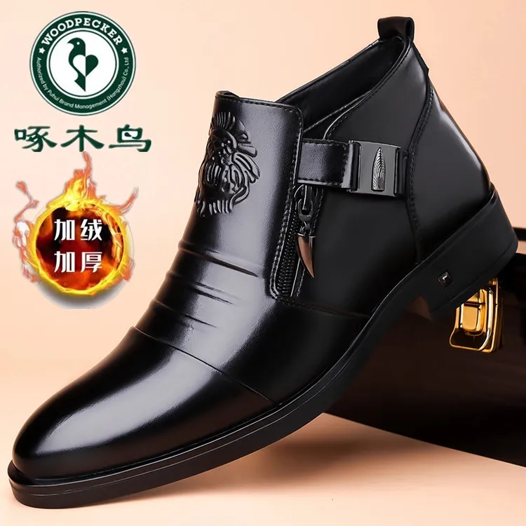 啄木鸟皮鞋高端男靴秋冬季加绒保暖真软皮拉链男商务皮鞋休闲战靴