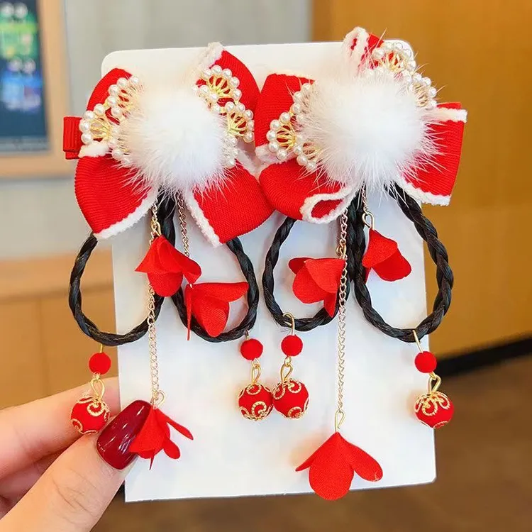 毛绒儿童发夹碎花头饰发夹中国风新年红色蝴蝶结发饰古风配饰女童