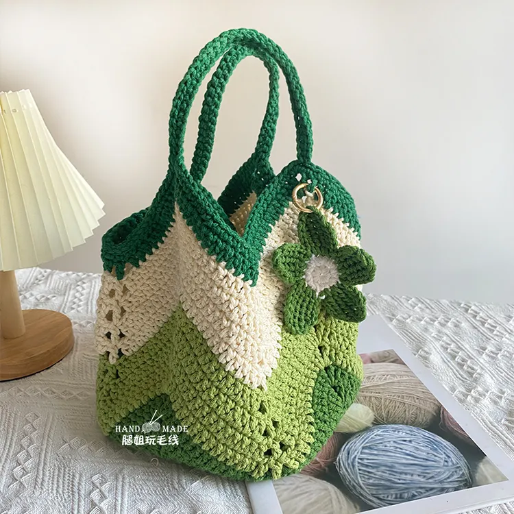 时尚拼色菜篮子小手提包diy编织材料包手工自制手拎手挎女包ins