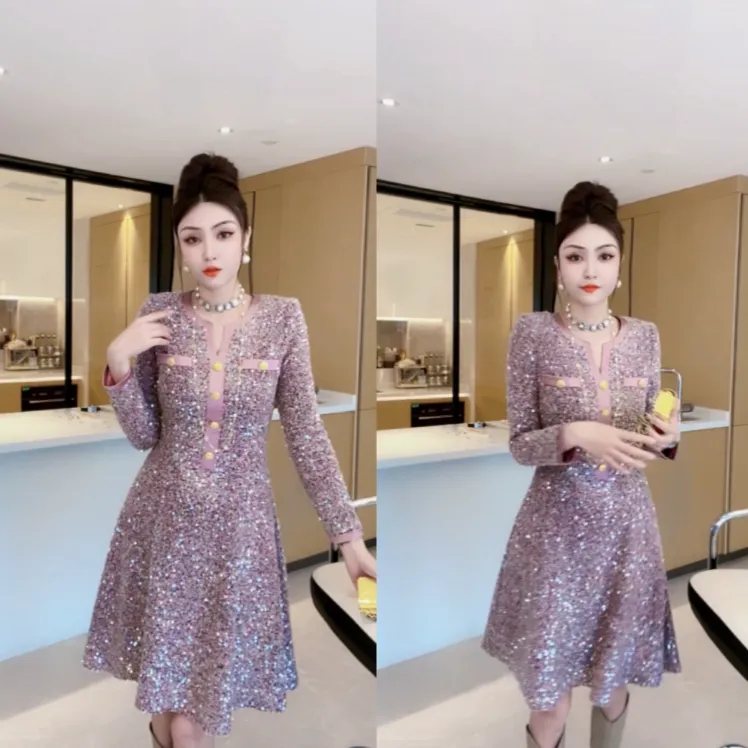 M9A84096  冬款长袖紫粉色显示高腰精致显瘦名媛减龄千金感连衣裙