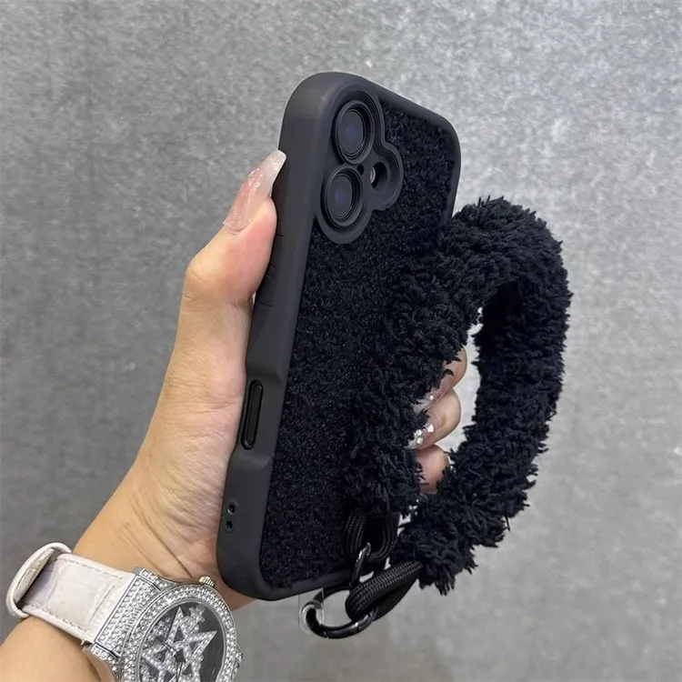 苹果17手机壳黑色羊羔毛适用于iPhone16pro/15高级感13圆角12绒毛