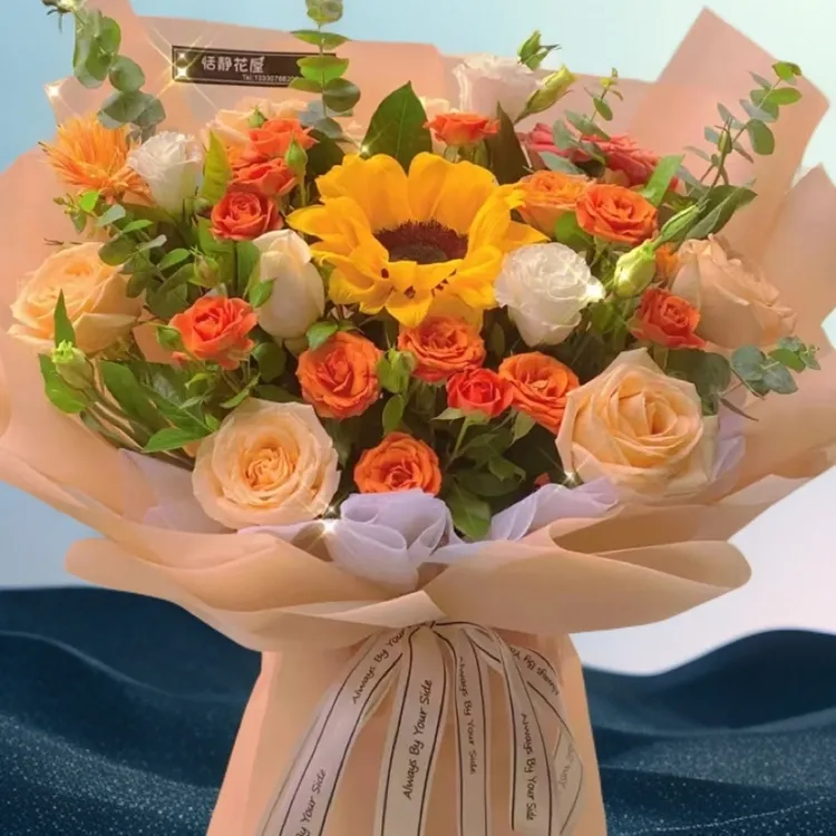 （一捧阳光）一支向日葵，香槟玫瑰混搭花束生日，鲜花同城配送