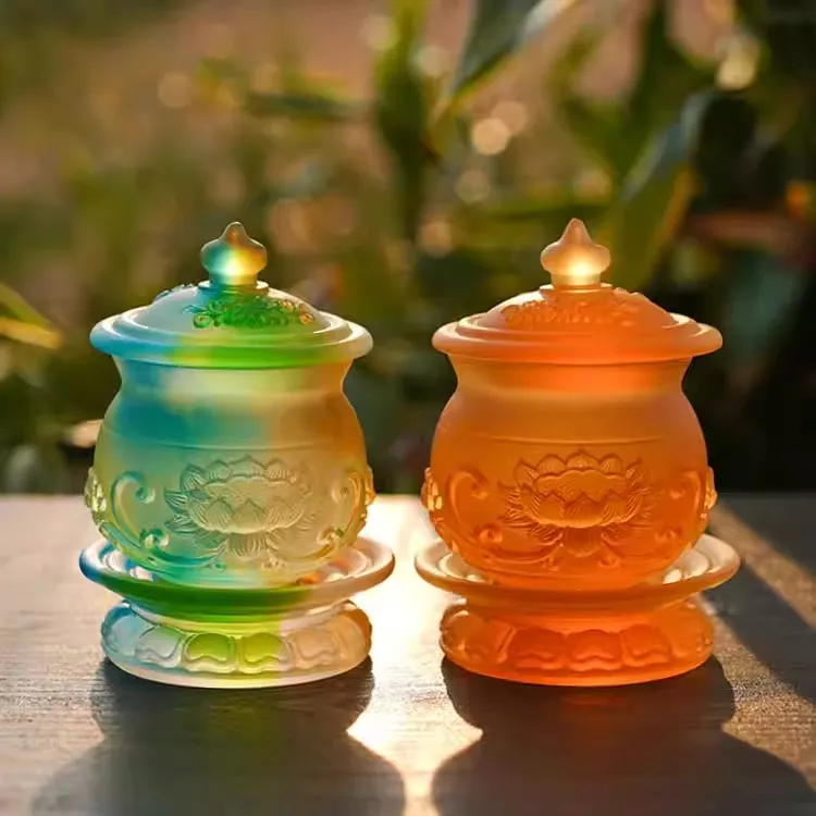 浮雕莲花带盖圣水杯茶杯供水杯净水杯客厅摆件装饰品桌前供佛用具