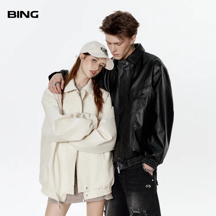 BING潮牌美式机车皮衣外套男春秋复古宽松休闲潮流帅气PU皮夹克