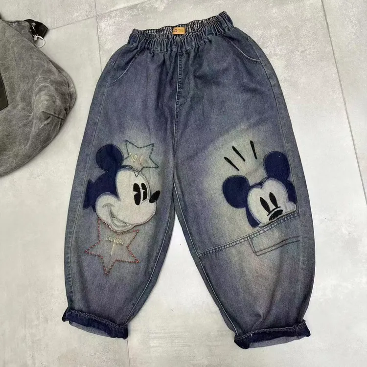 【躲猫米奇】新款复古重工百搭松紧腰刺绣女牛仔裤显瘦哈伦宽松大码