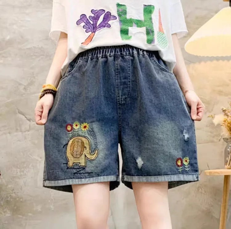 【多款四分】牛仔裤女夏季薄新款刺绣水洗复古文艺哈伦裤女宽松大码