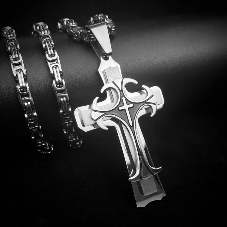 钛钢吊坠 立体十字架吊坠男士吊坠项链