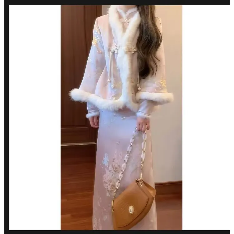 冬季新中式毛领夹棉短款外套 国风提花改良旗袍连衣裙套装20C24C