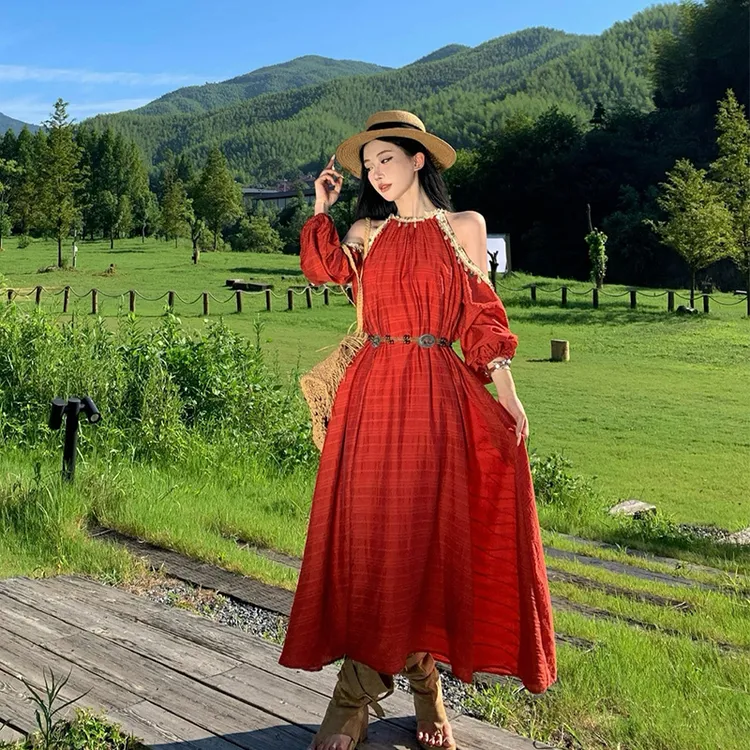新疆西北旅游红色连衣裙波西米亚度假风茶歇长裙送腰带20C24C