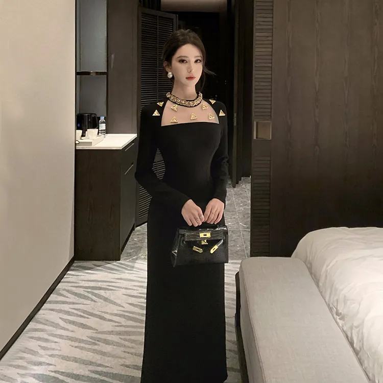 名媛女装手工订钻修身长款生日聚会礼服连衣20C24C