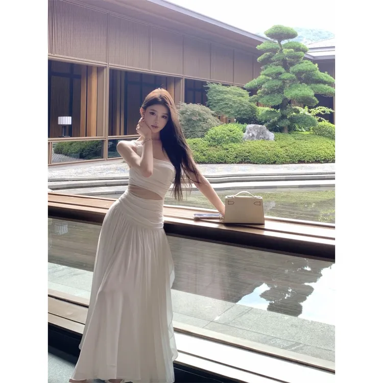 浪漫收腰显瘦斜肩拼接网纱长款不规则雪纺连衣裙20C24C