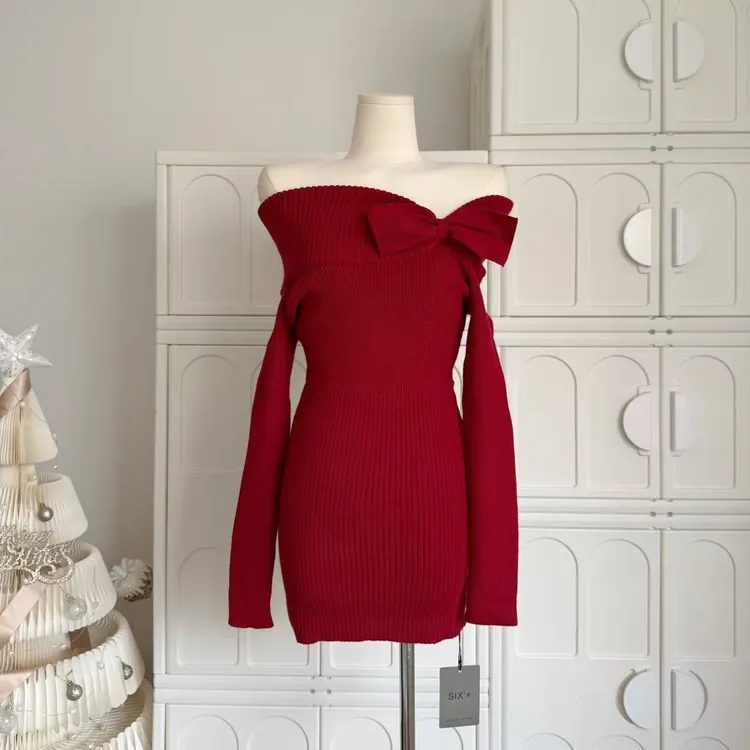 圣诞约会日一字肩蝴蝶结连衣裙20C24C