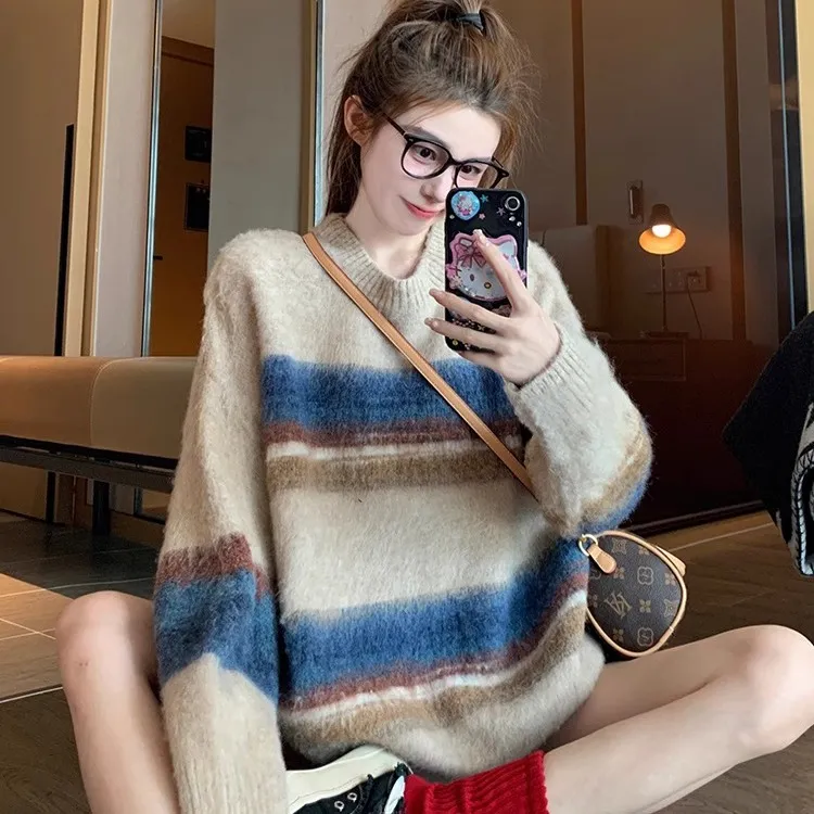 马海毛条纹毛衣女2024秋冬新款高级感加厚圆领套头内搭针织衫上衣