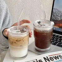 网红条纹杯玻璃吸管杯子透明带盖450ml大容量杯子ins简约随手水杯