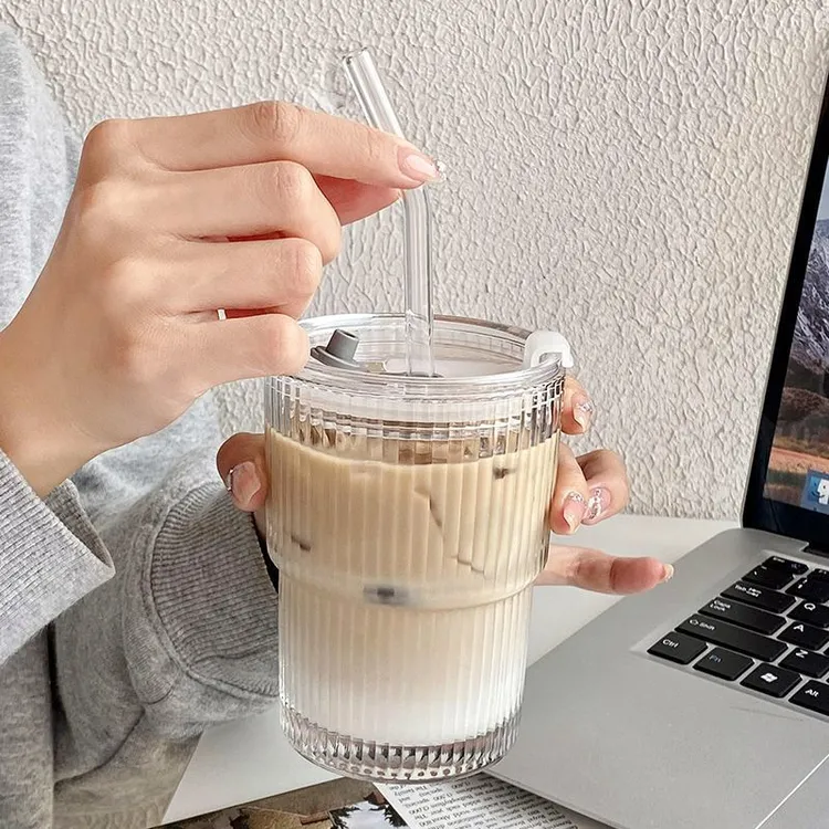 竖条纹杯咖啡杯透明玻璃带盖吸管水杯家用高颜值冰美式拿铁牛奶杯