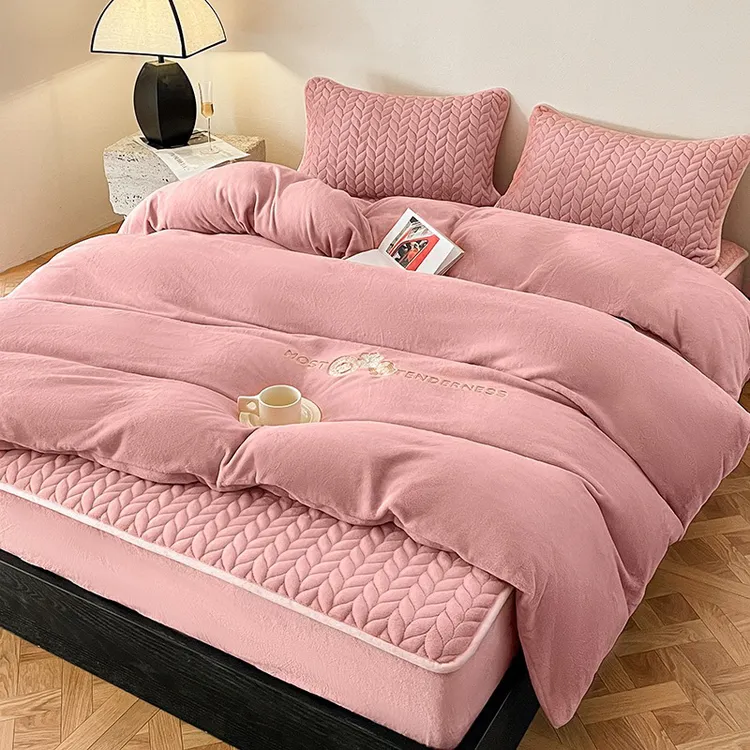 A类牛奶绒夹棉床笠四件套冬季珊瑚绒加绒被套加厚床套双面绒床罩