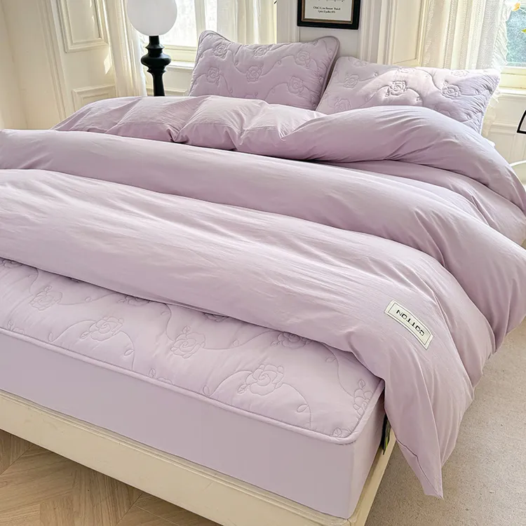 2025新款全棉夹棉床笠四件套纯色简约加厚床单被套四季床上用品