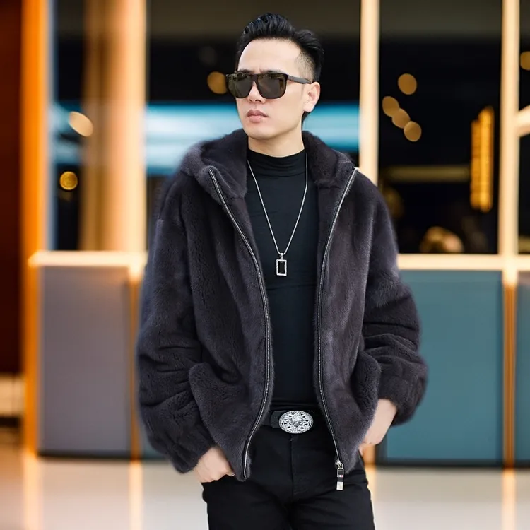 防风帽新款男士进口貂皮大衣整貂水貂皮草外套休闲夹克款厚实保暖