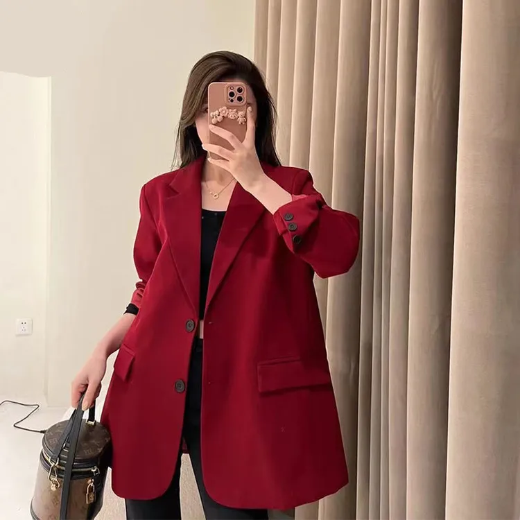小西装外套女修身显瘦小个子休闲通勤红色设计感西服