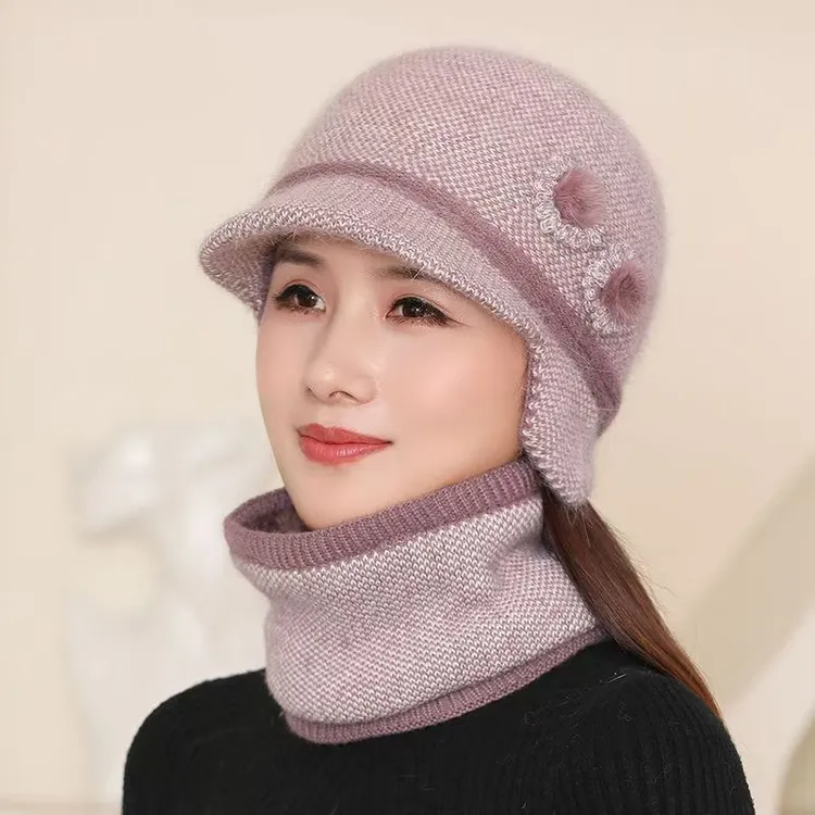 秋冬天老人奶奶针织毛线帽中老年加厚防寒护耳脸棉帽老太太保暖帽