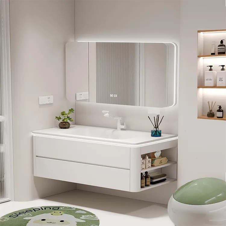 圆角轻奢风橡木浴室柜组合陶瓷一体盆侧柜洗脸盆镜柜卫生间洗漱台