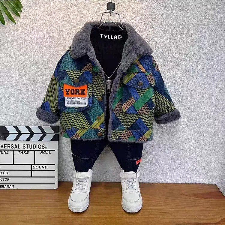 男童秋冬装加绒牛仔外套儿童装冬季加厚衣服宝宝冬装夹棉上衣潮