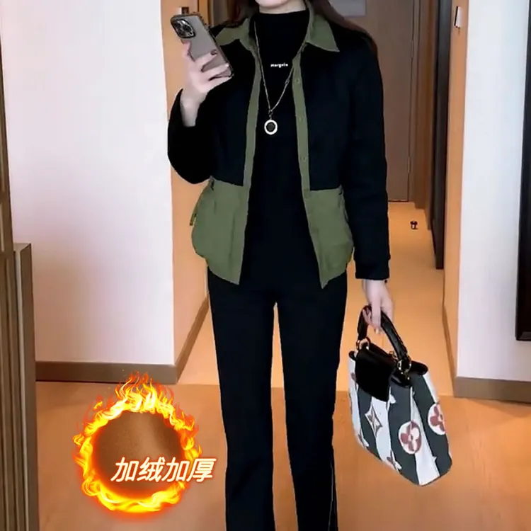 加绒加厚拼接色短外套女2025春季新款时尚宽松显瘦减龄妈妈装上衣