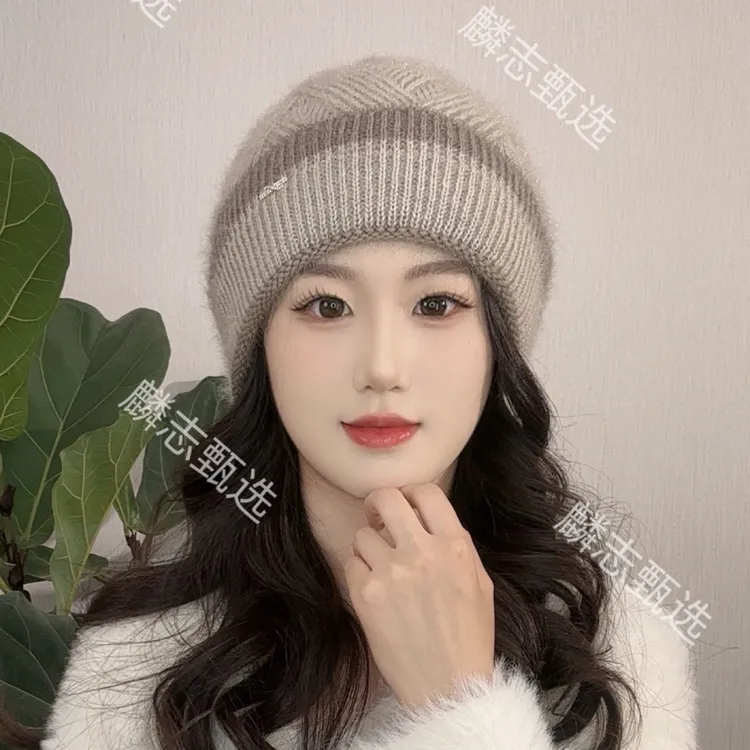 新款松鼠绒双层针织时尚百搭秋冬季堆堆帽女士编制韩版护耳保暖帽