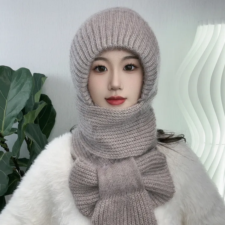 新款女士冬季帽子绒帽一体加绒时尚骑车保暖防风雪帽针织防寒冬天