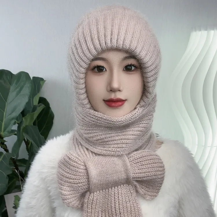 冬季帽子女针织帽子围巾一体加绒加厚防风保暖风雪帽中老年洋气帽