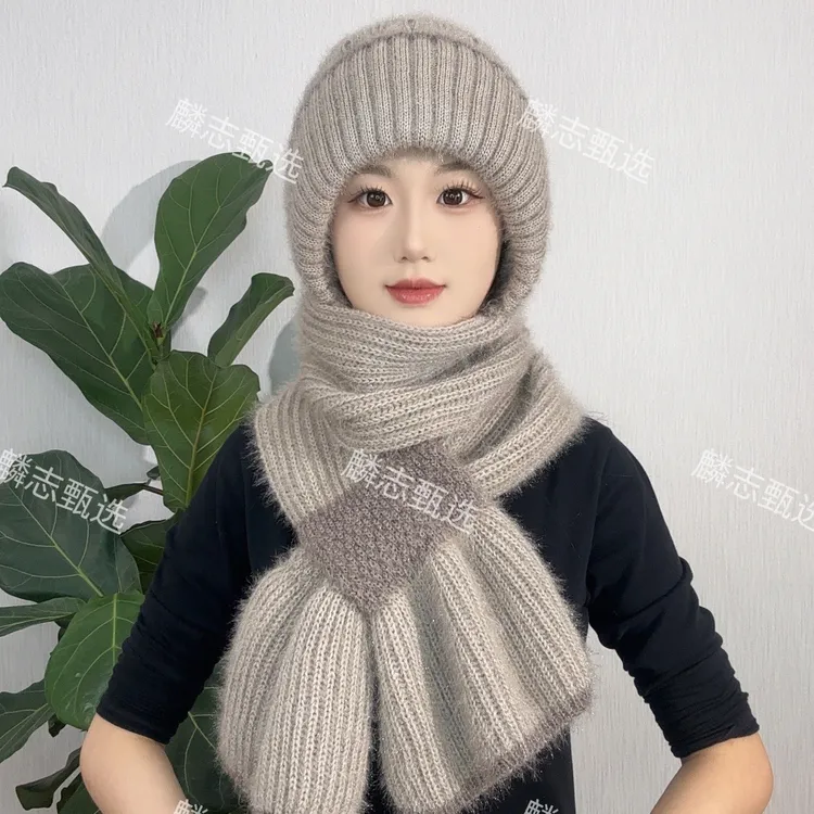 新款秋冬加绒加厚编织风雪帽时尚百搭女士冬天护耳朵帽子围巾一体