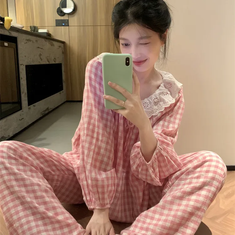韩国ins可爱娃娃领格子睡衣女春秋季长袖长裤甜美花边家居服套装
