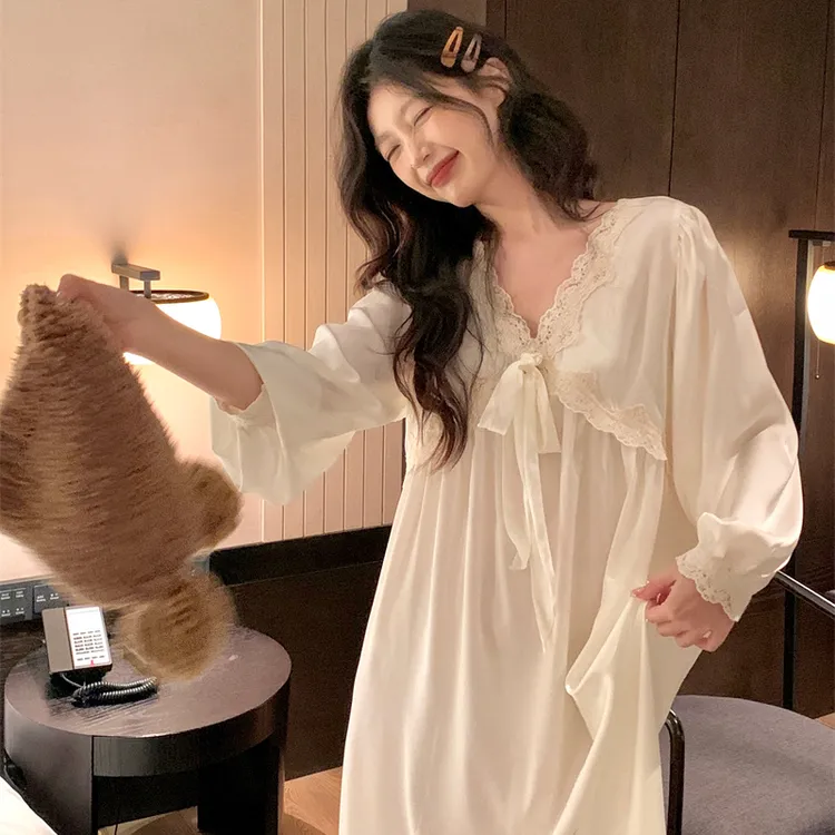 韩国ins性感蕾丝边冰丝睡裙女春秋季长袖甜美宫廷风睡衣家居服薄